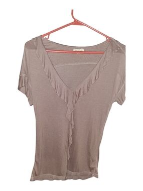 Martin + Osa Taupe Ruffle V-Neck Short Sleeve Blouse